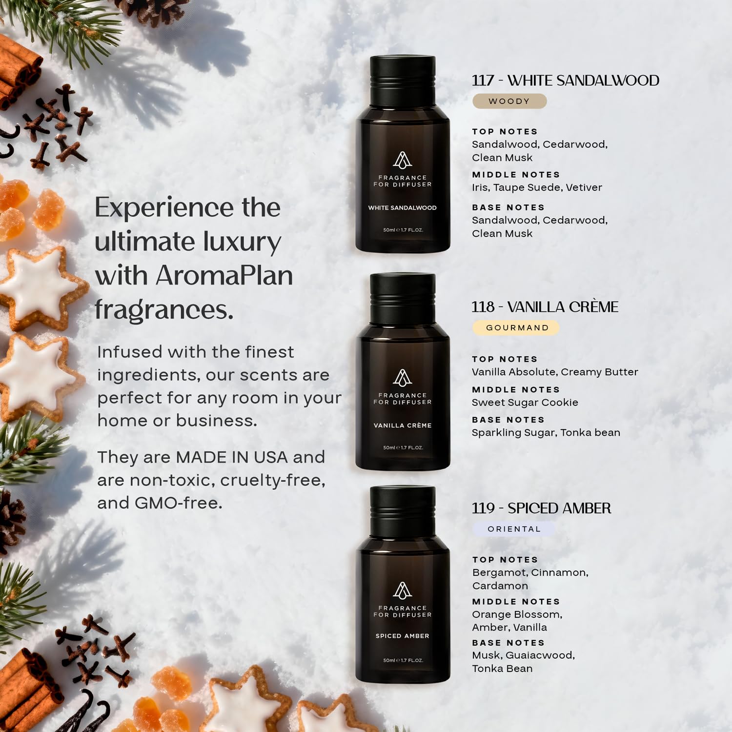 AROMAPLAN Winter Collection Spiced Amber bottle evokes warmth ideal for guest rooms.