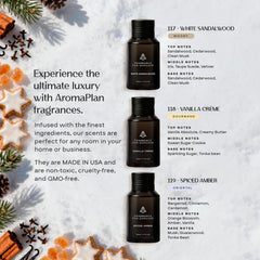 AROMAPLAN Winter Collection Spiced Amber bottle evokes warmth ideal for guest rooms.