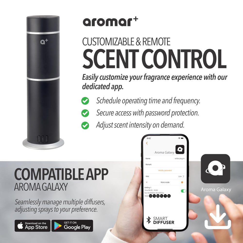 Aromar diffuser app control interface adjusting scent intensity.
