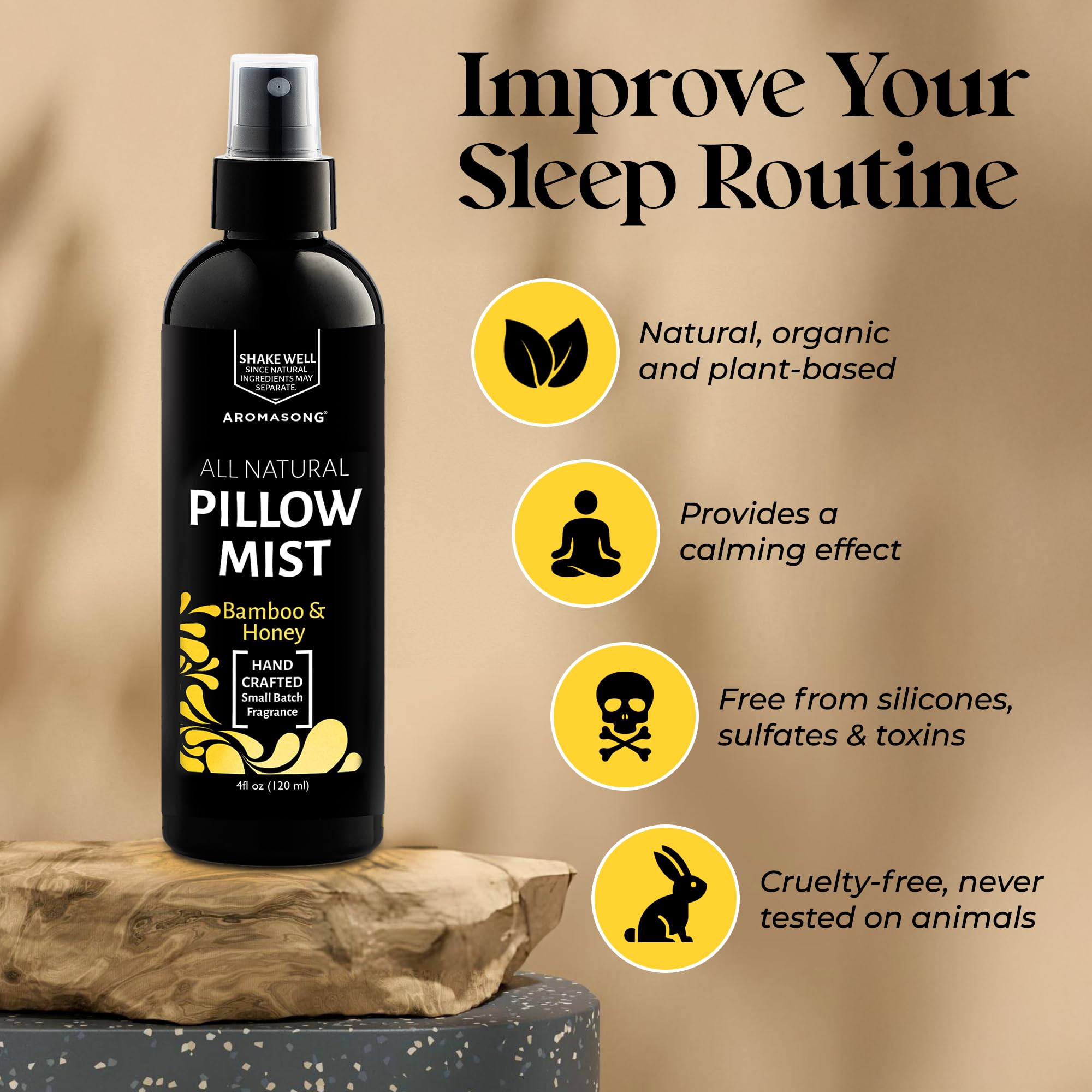 Aromasong pillow spray on sheets creates a relaxing scent for sleep.