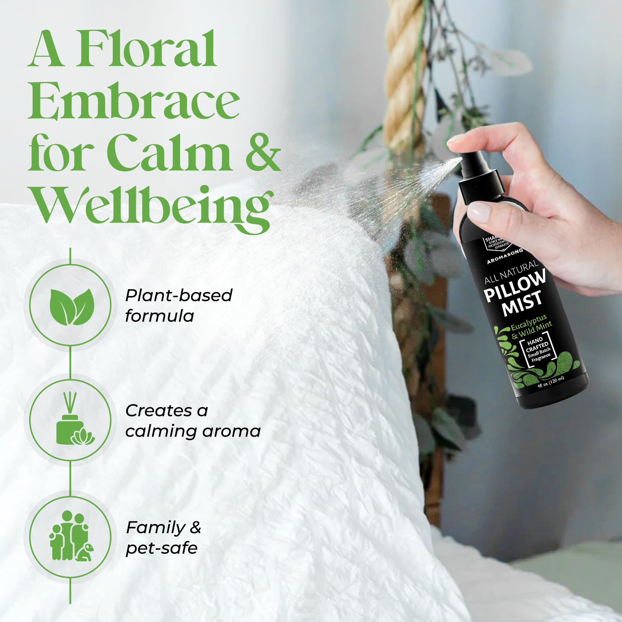 Bed linens scented with Aromasong Eucalyptus & Wild Mint.