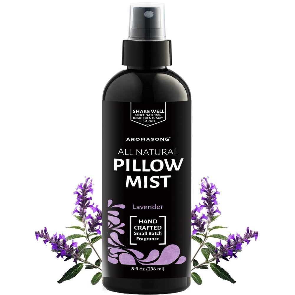 Aromasong lavender pillow spray bottle ready for calming bedtime rituals.