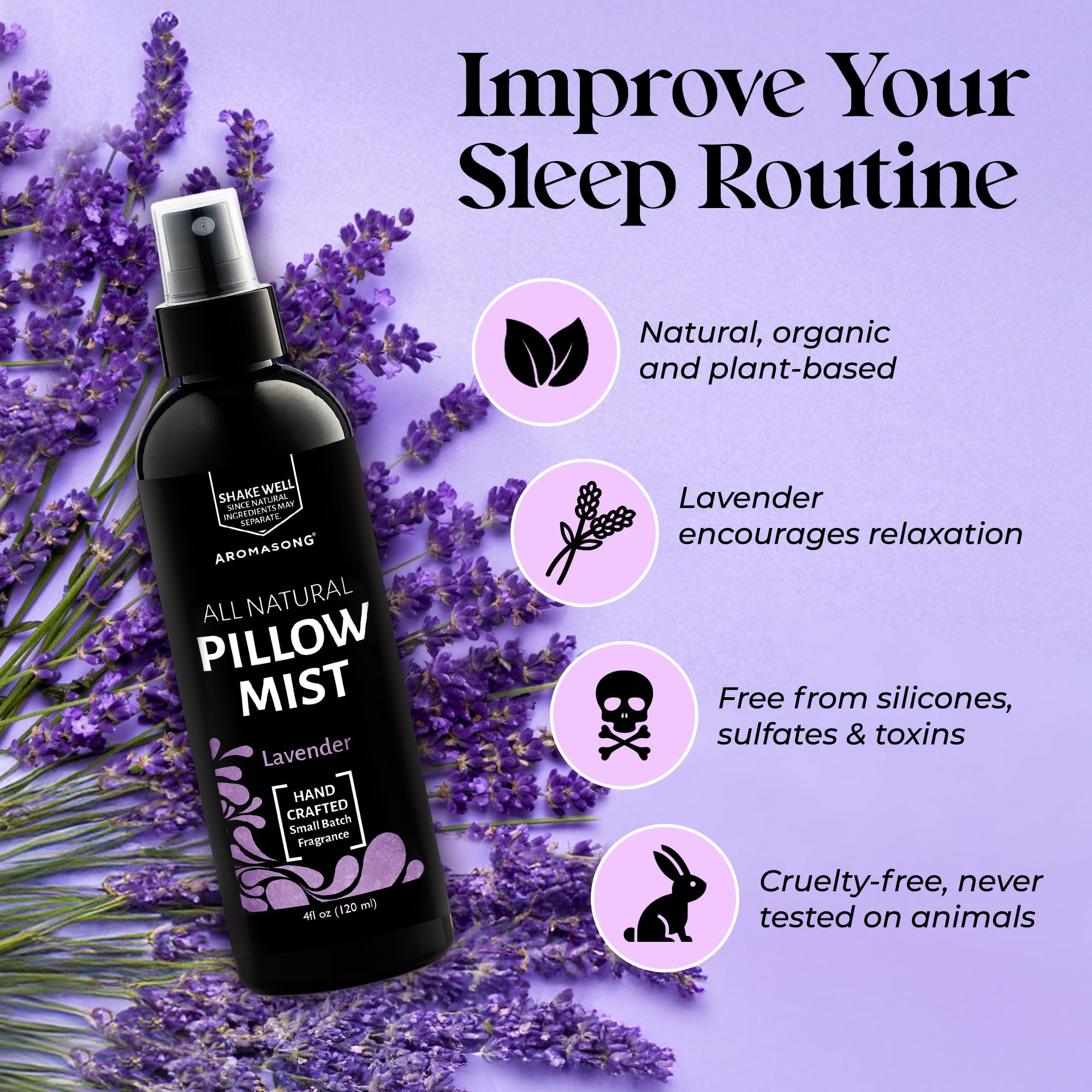 Aromasong lavender pillow spray mist near the pillow for sleep support.