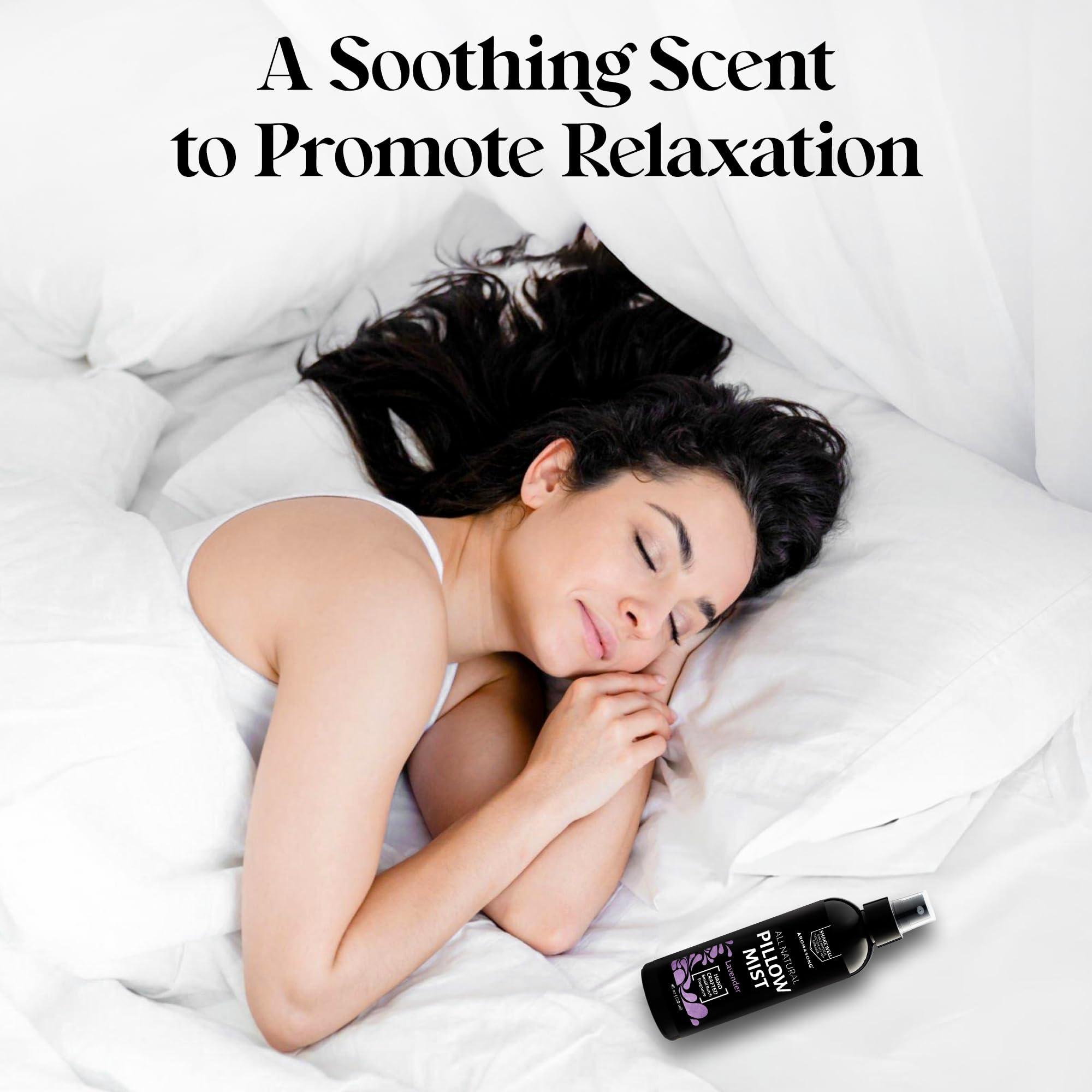 Natural ingredients shown on Aromasong spray bottle supporting clean sleep rituals.