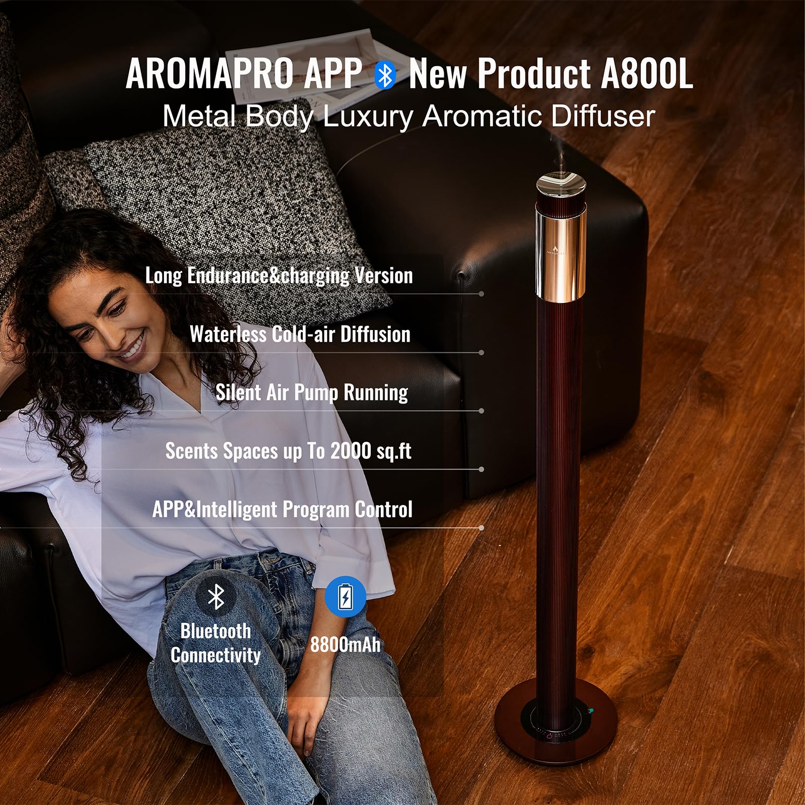 AROMASOUL burgundy diffuser on stand adds elegant focal point.