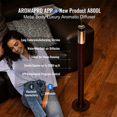 AROMASOUL burgundy diffuser on stand adds elegant focal point.