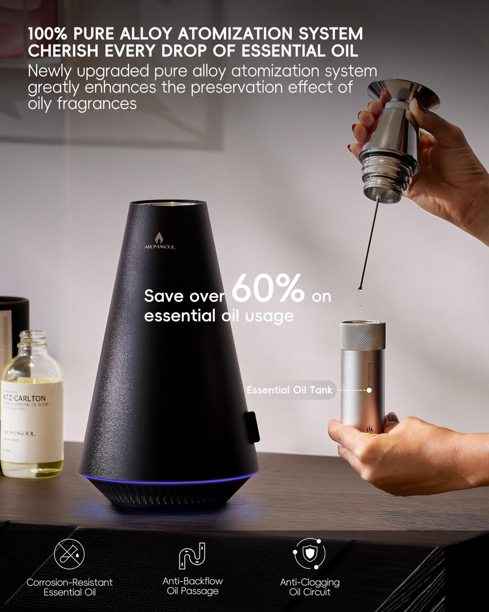 AROMASOUL diffuser app control on smartphone for scheduling fragrance.