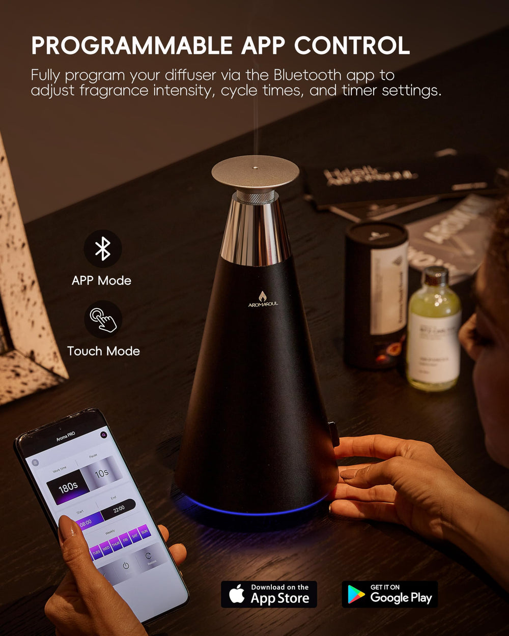 AROMASOUL quiet motor provides subtle fragrance diffusion.