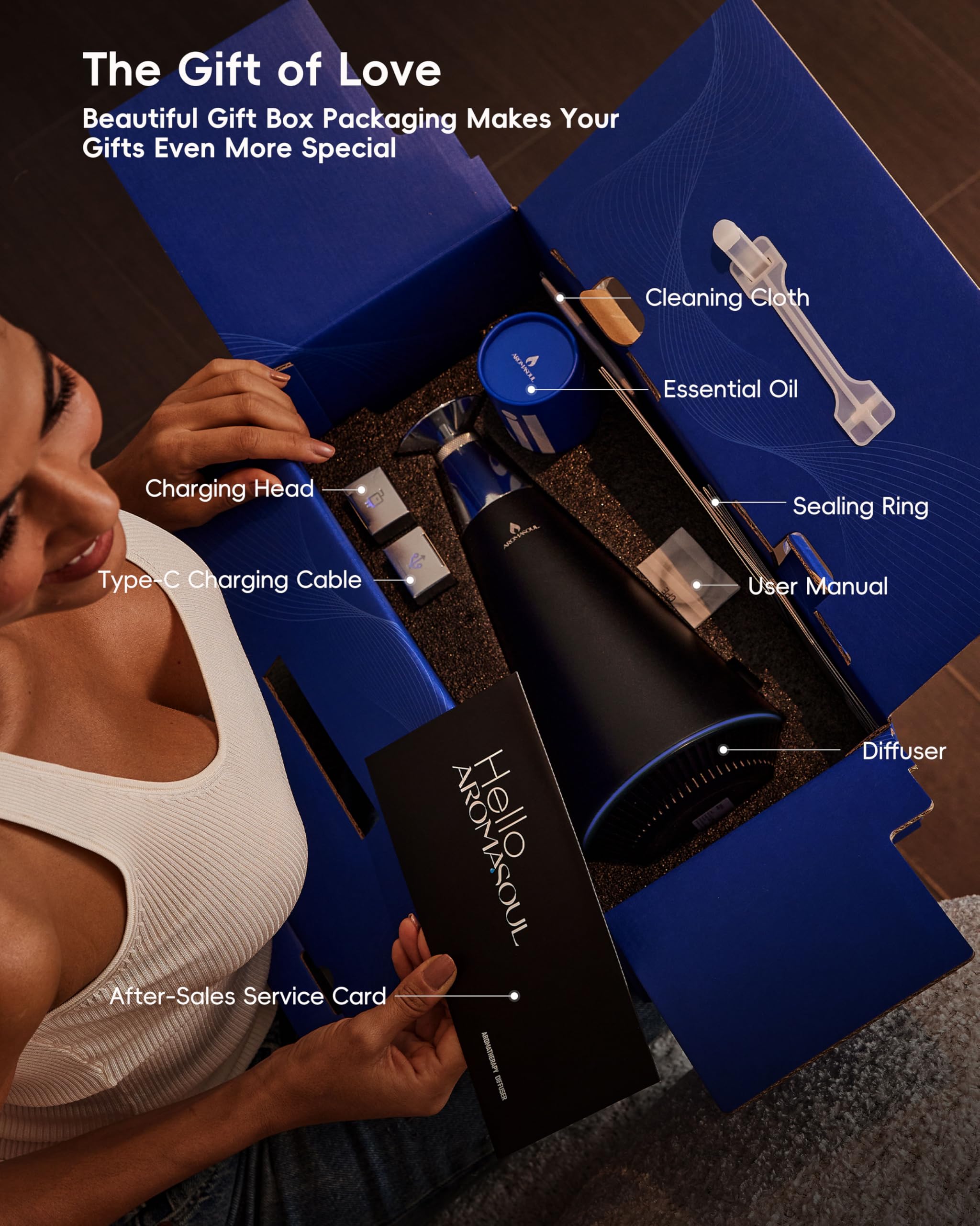 AROMASOUL rechargeable diffuser with long-lasting battery for cordless use.