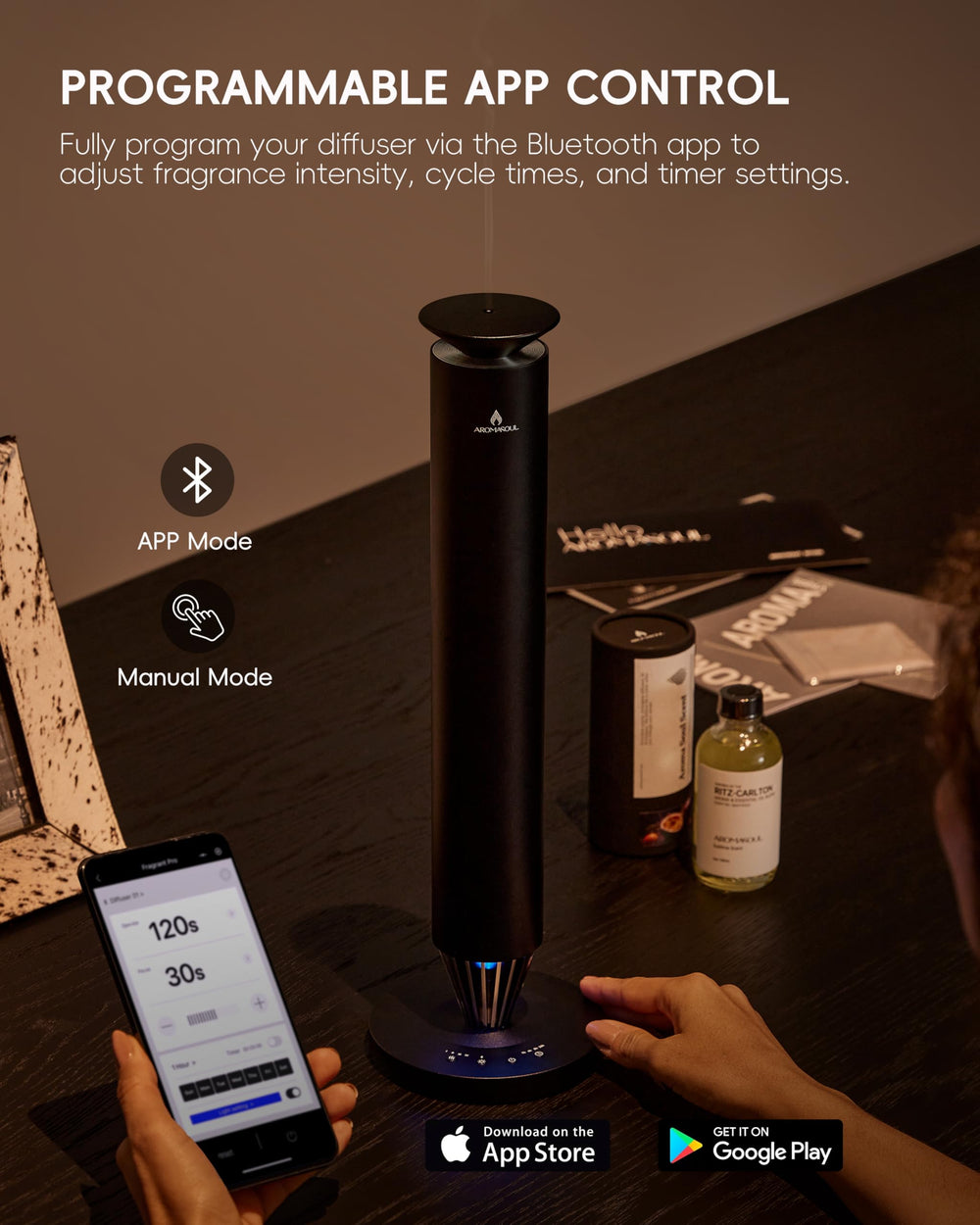 AROMASOUL rechargeable battery view shows cordless convenience for extended use
