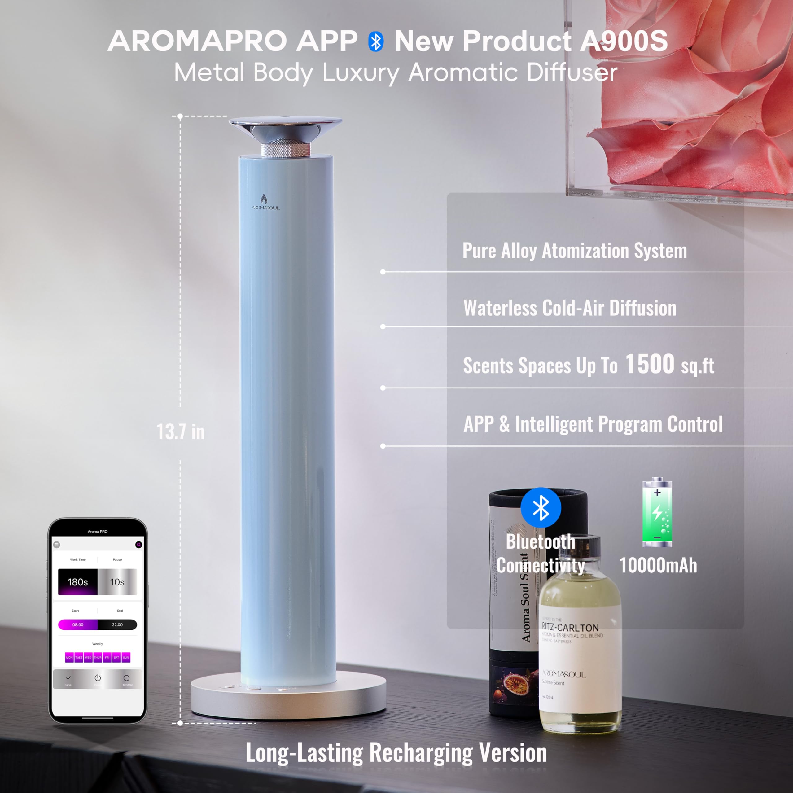 Rechargeable AROMASOUL diffuser battery enables wireless use anywhere.