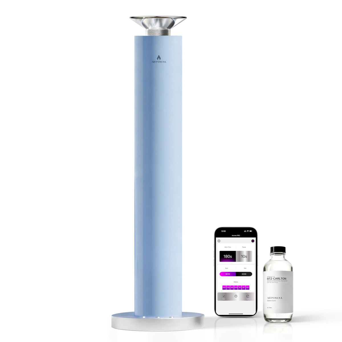 AROMASOUL waterless diffuser with alloy atomization for long-lasting fragrance.