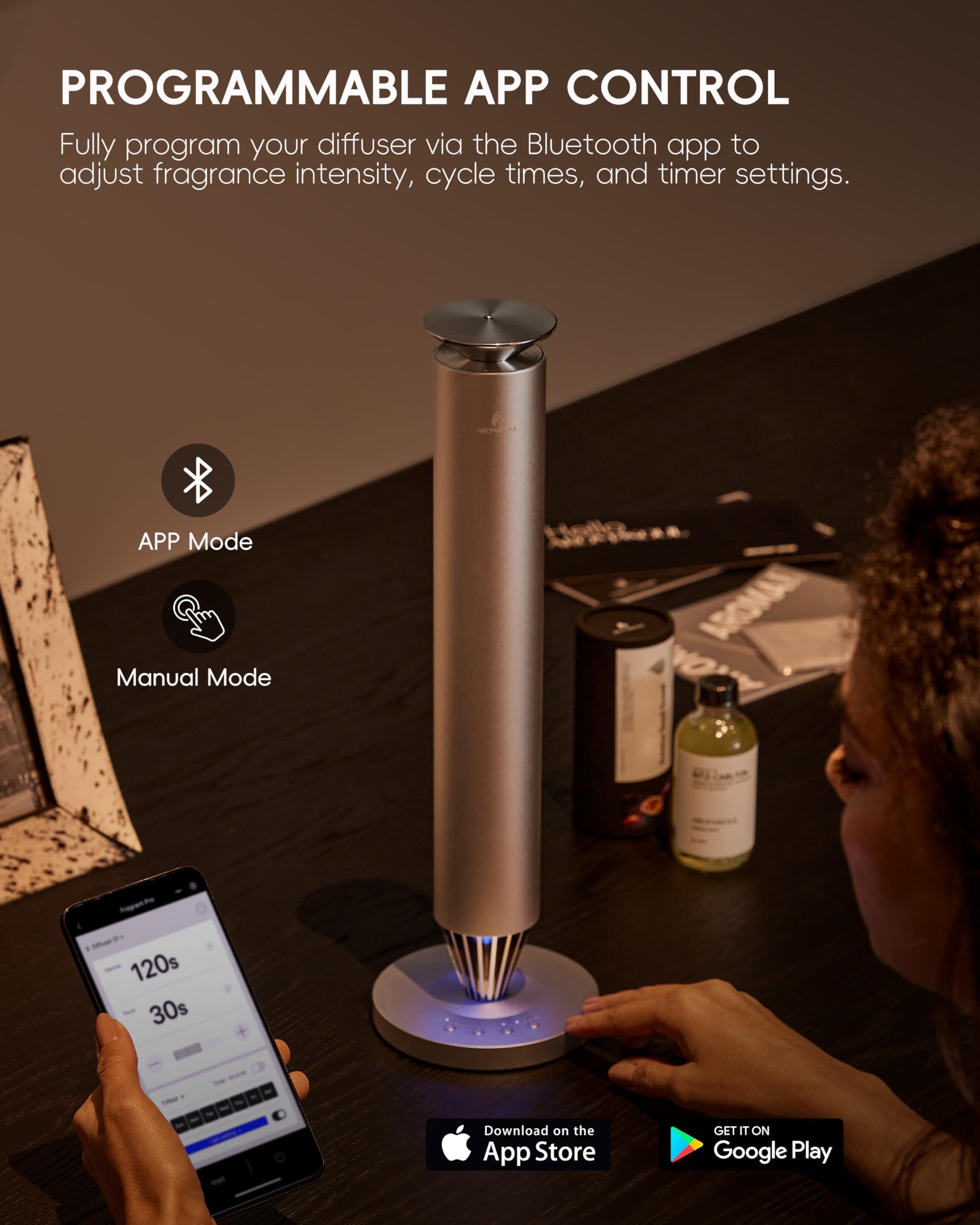 AROMASOUL Waterless Diffuser app-setup image illustrating Bluetooth control.