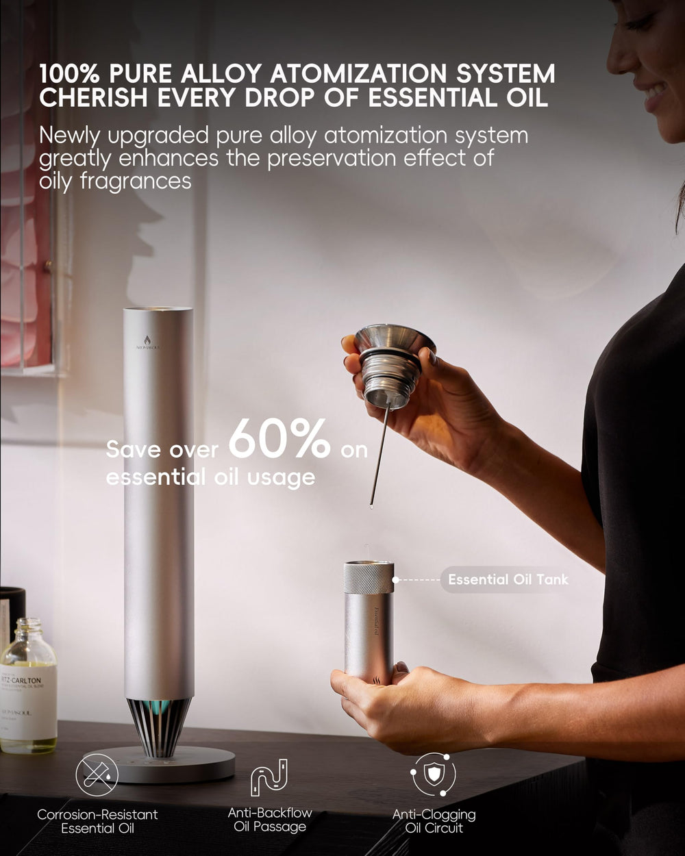 AROMASOUL Waterless Diffuser battery-pack view emphasizing long cordless operation.