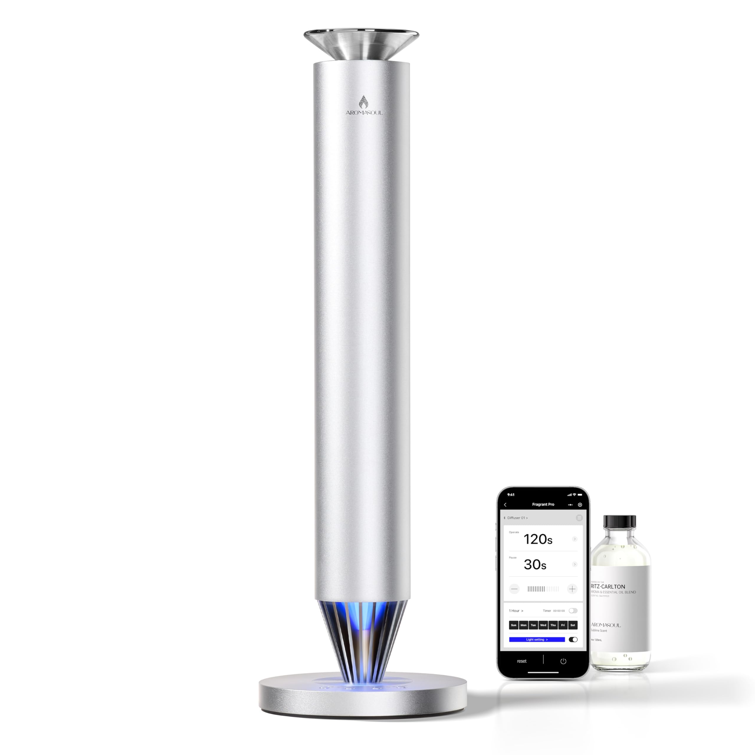 AROMASOUL Waterless Diffuser front-view showing premium alloy body for upscale spaces.