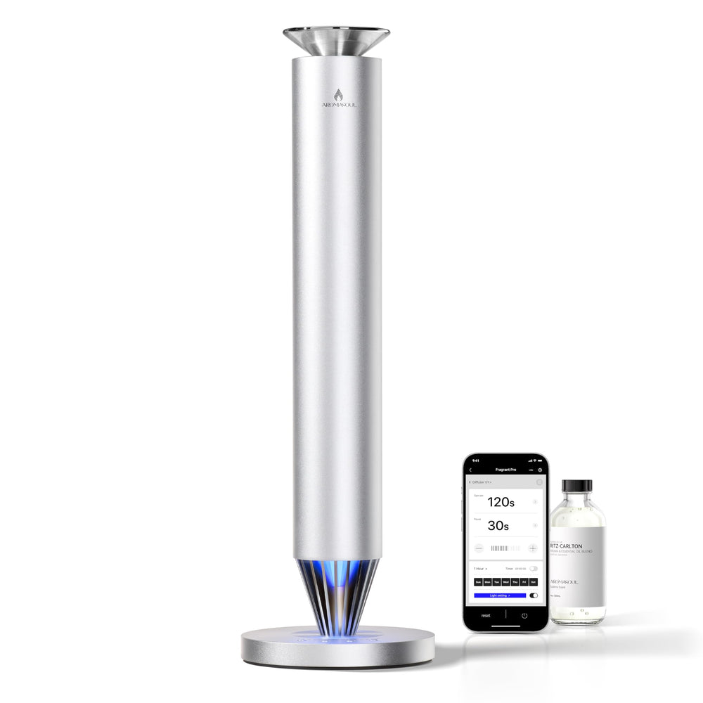 AROMASOUL Waterless Diffuser front-view showing premium alloy body for upscale spaces.