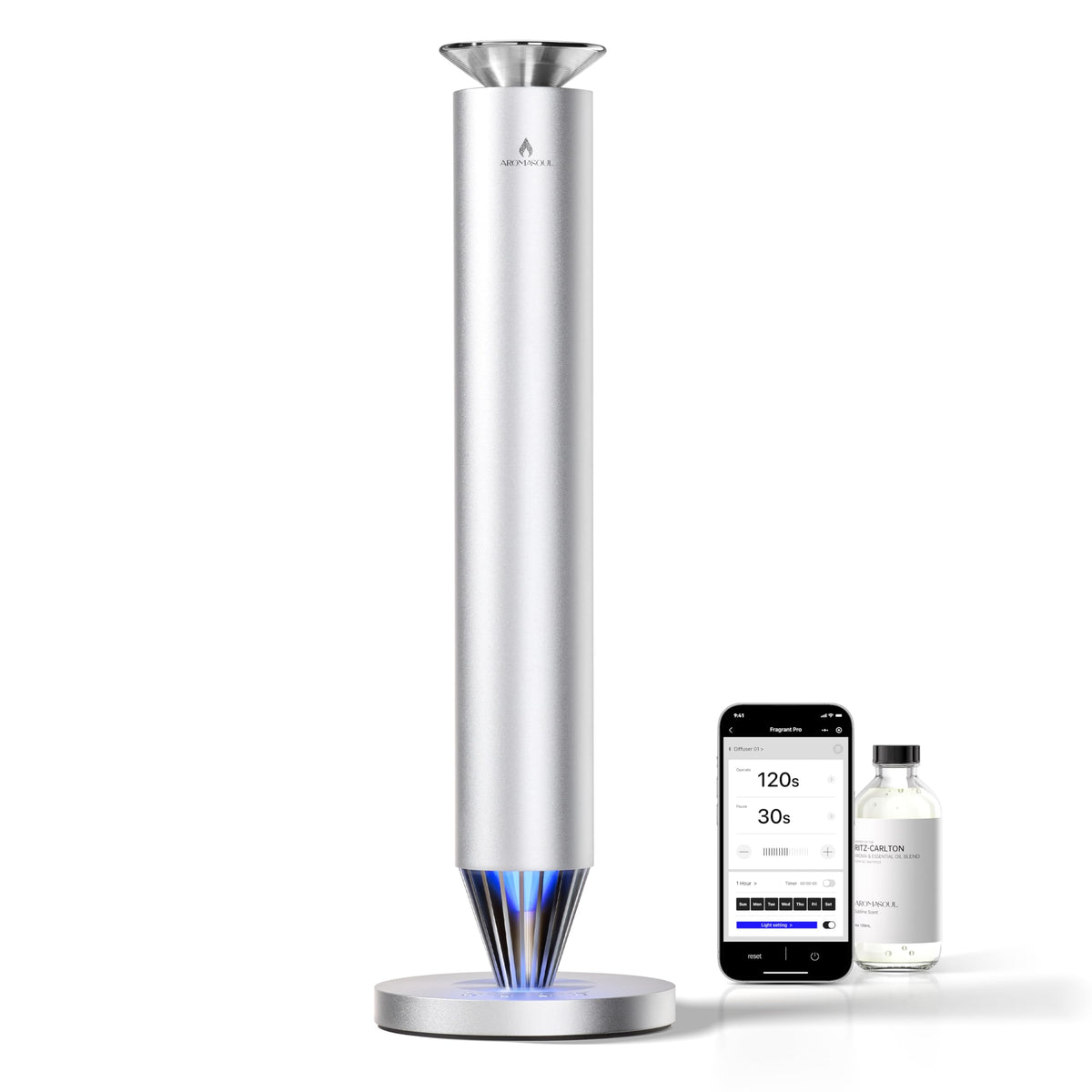 AROMASOUL Waterless Diffuser front-view showing premium alloy body for upscale spaces.