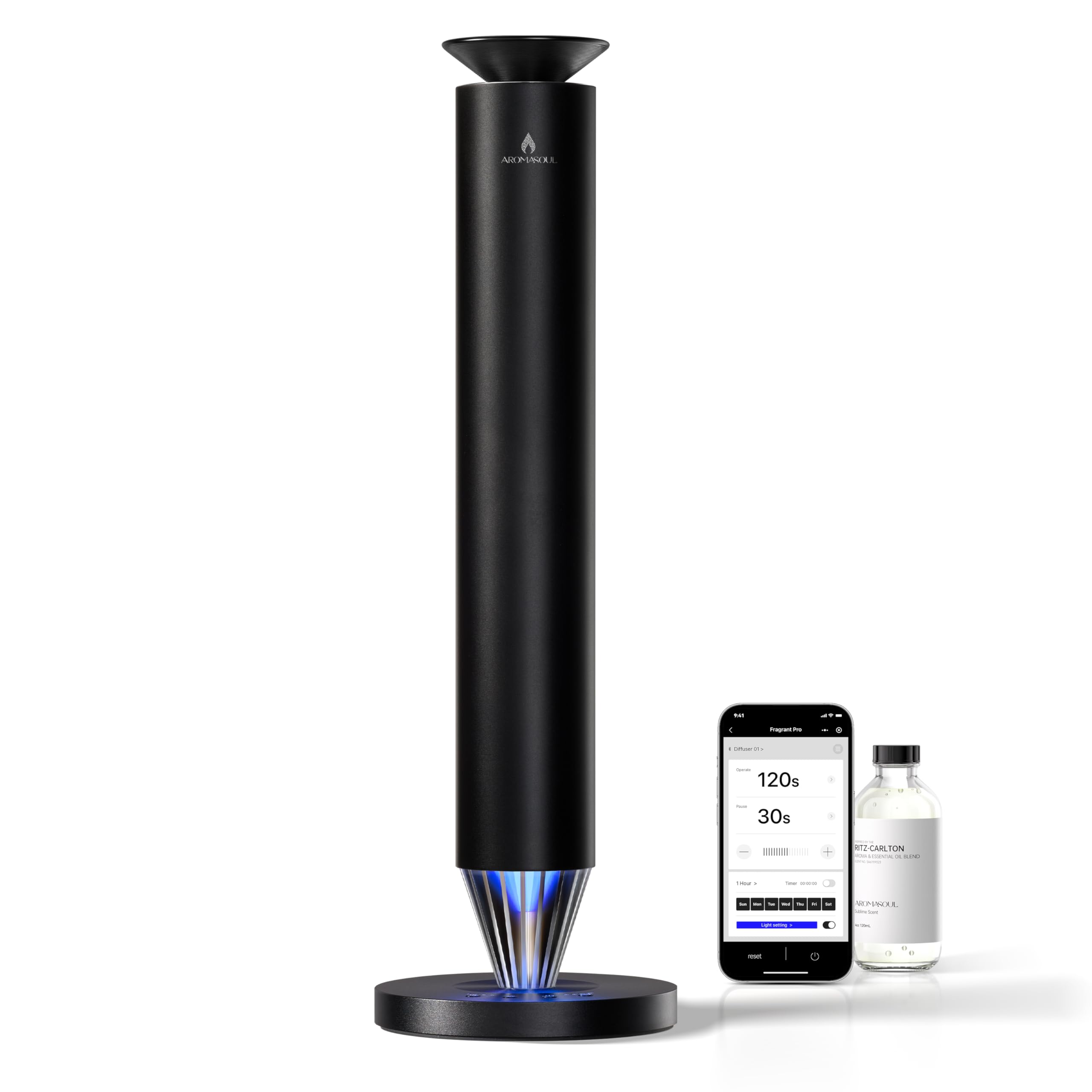 AROMASOUL waterless diffuser front view, premium alloy body for elegant home scenting