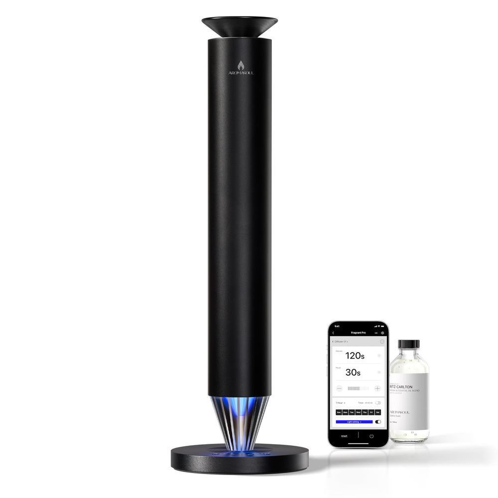 AROMASOUL waterless diffuser front view, premium alloy body for elegant home scenting