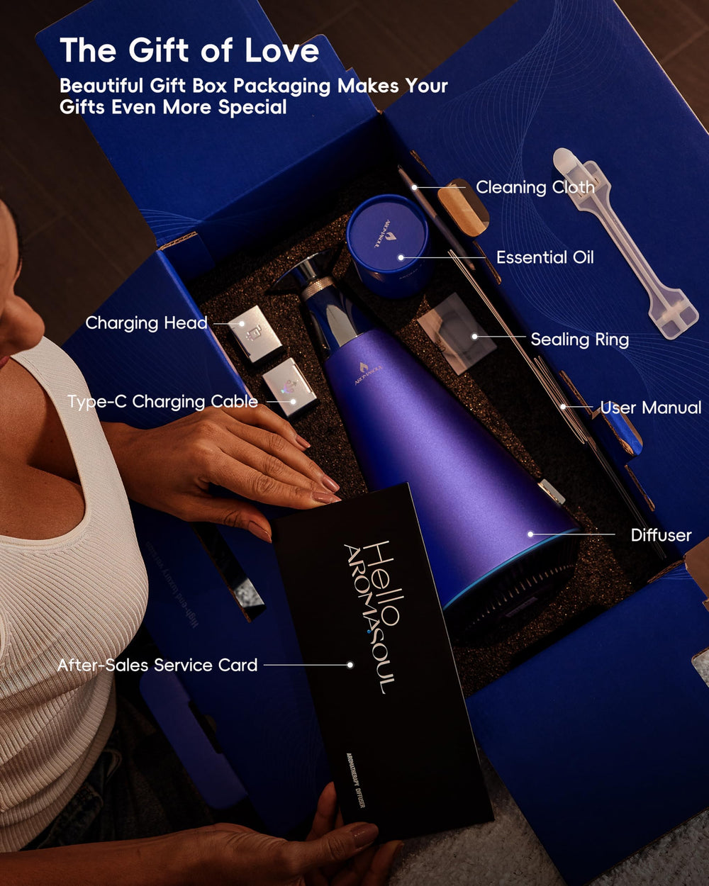 AROMASOUL Waterless Diffuser gift packaging and included accessories