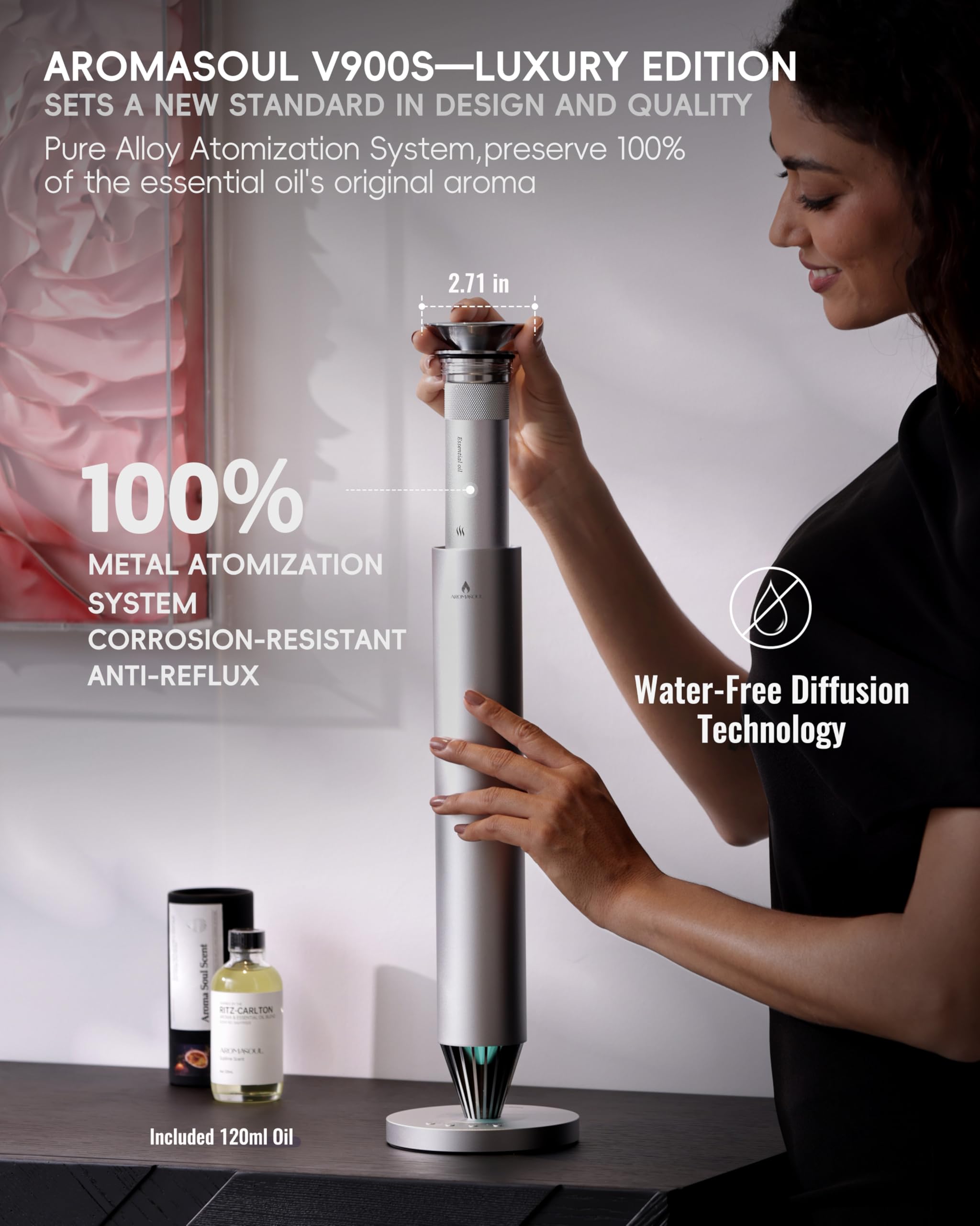 AROMASOUL Waterless Diffuser mood-light view with ambient color options.