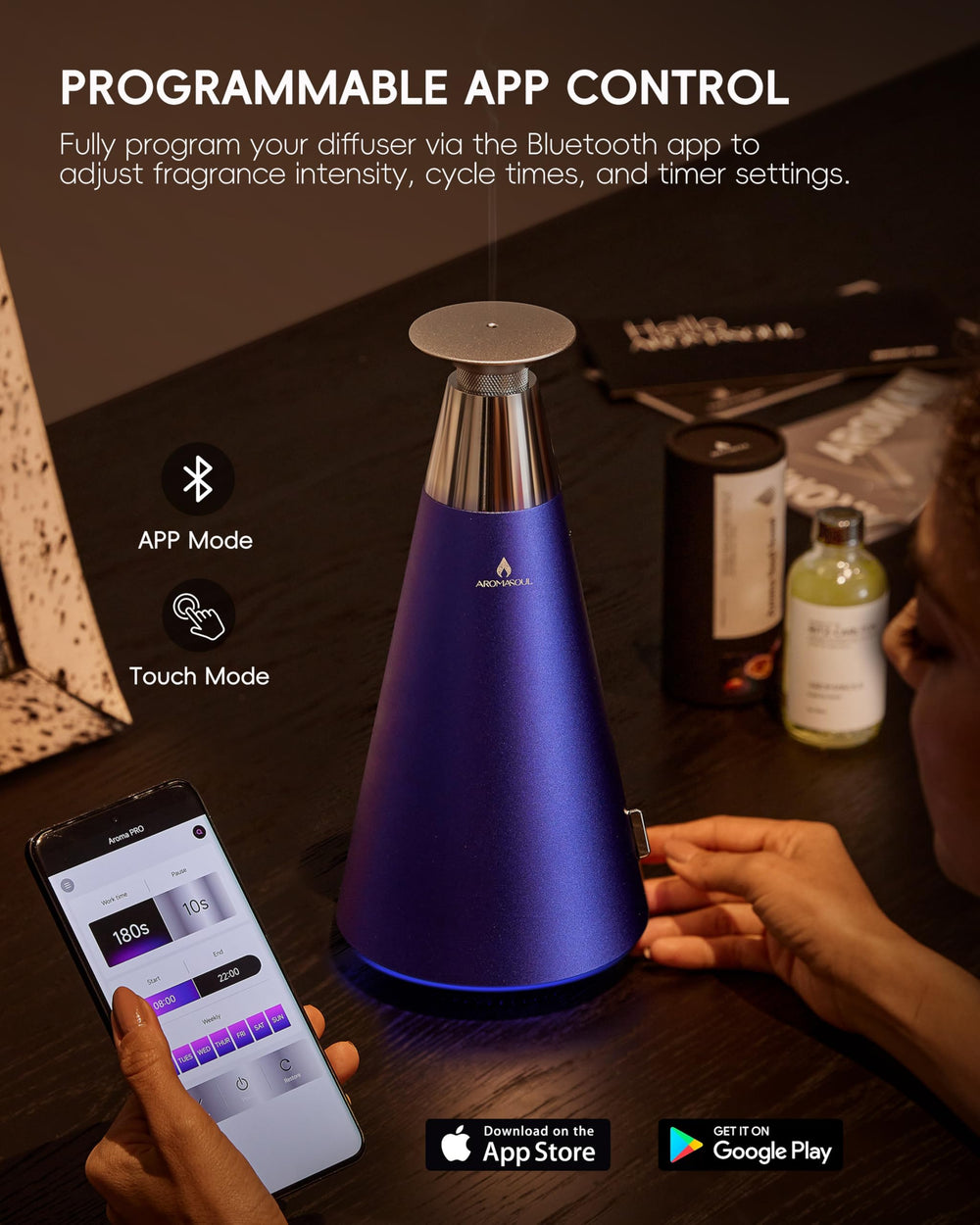 AROMASOUL Waterless Diffuser app control via Bluetooth for scheduling