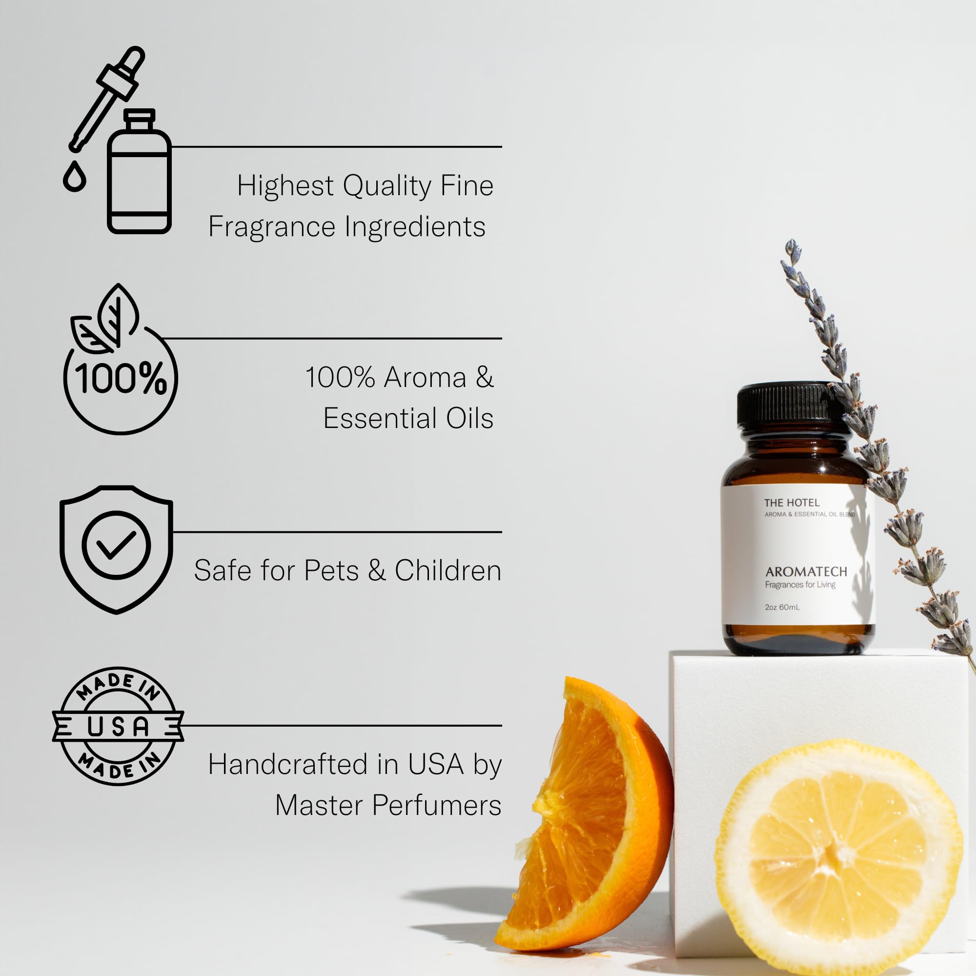 Aromatech lemon-lavender-peach bottle close-up illustrating uplifting notes for daytime use.