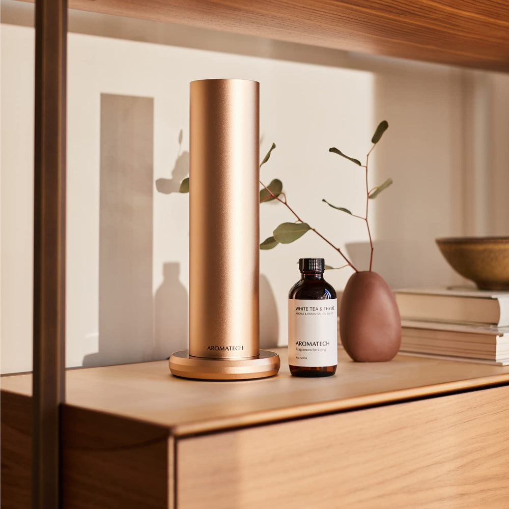 AromaTech White Tea and Thyme bottle on a cozy shelf