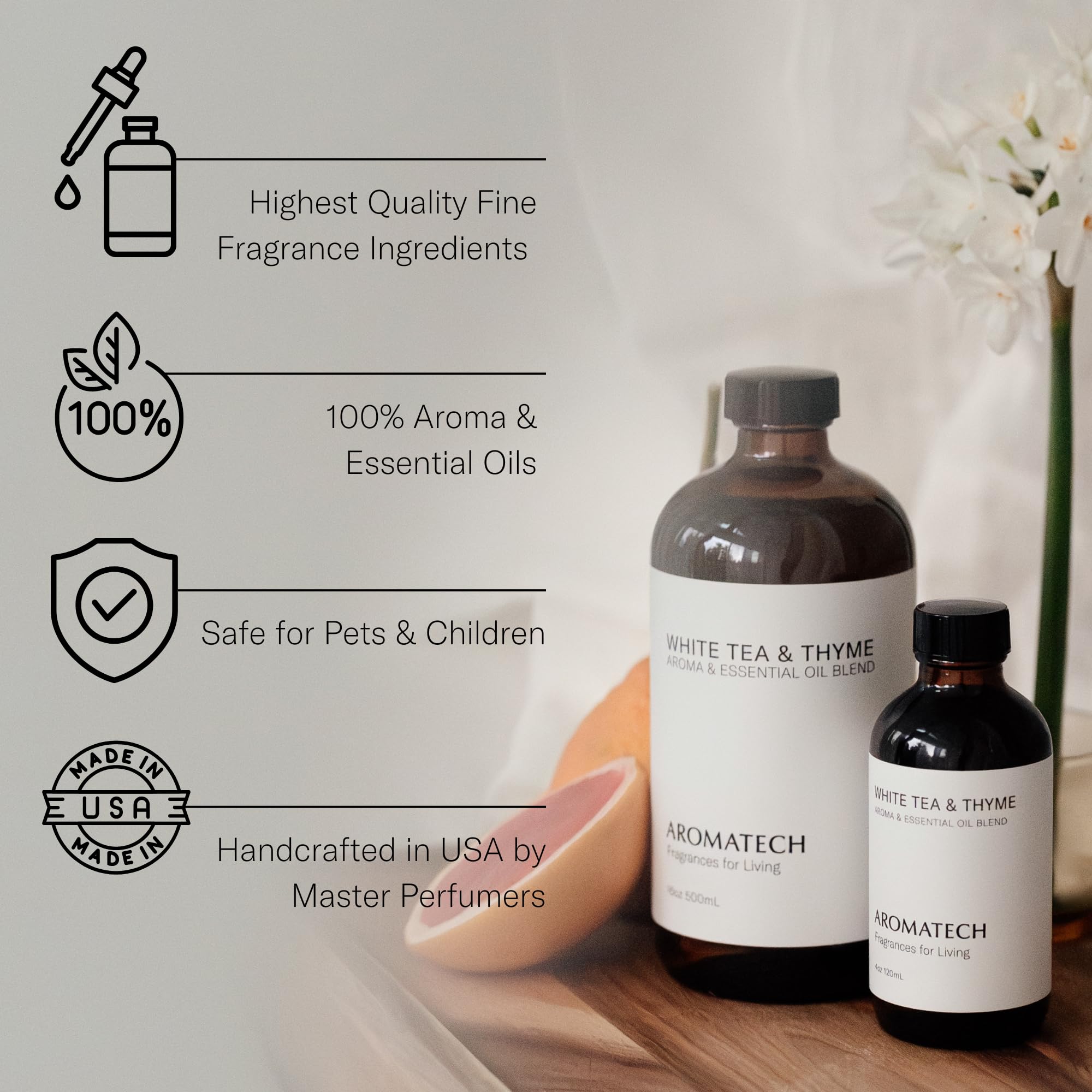 Aromatech White Tea & Thyme pour showing easy-dispense design for diffusers