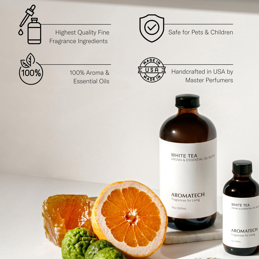 Close-up of AromaTech White Tea vial—precise scent control for diffusers.