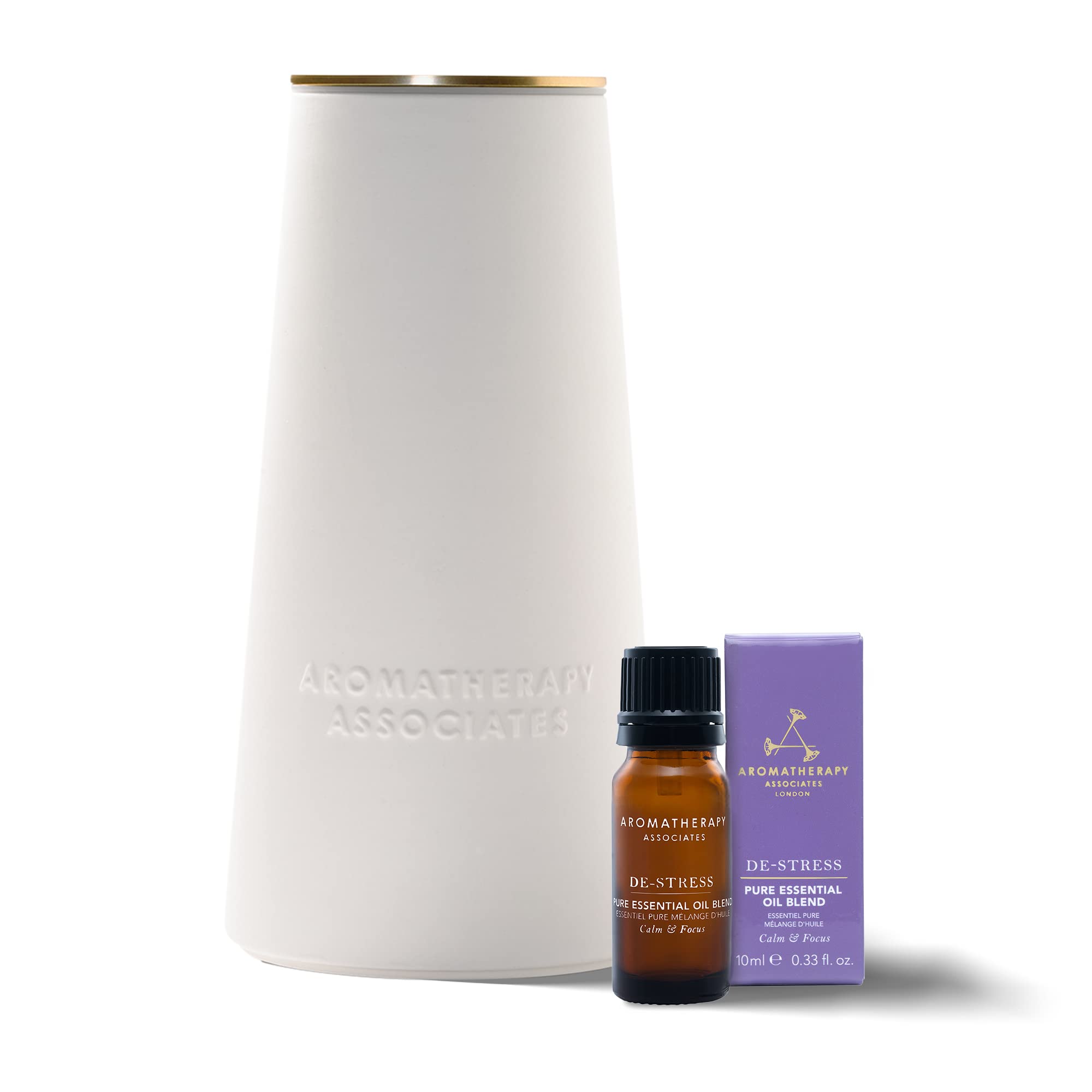 Aromatherapy Associates atomizer diffuser close-up showing compact waterless design for on-the-go calm.