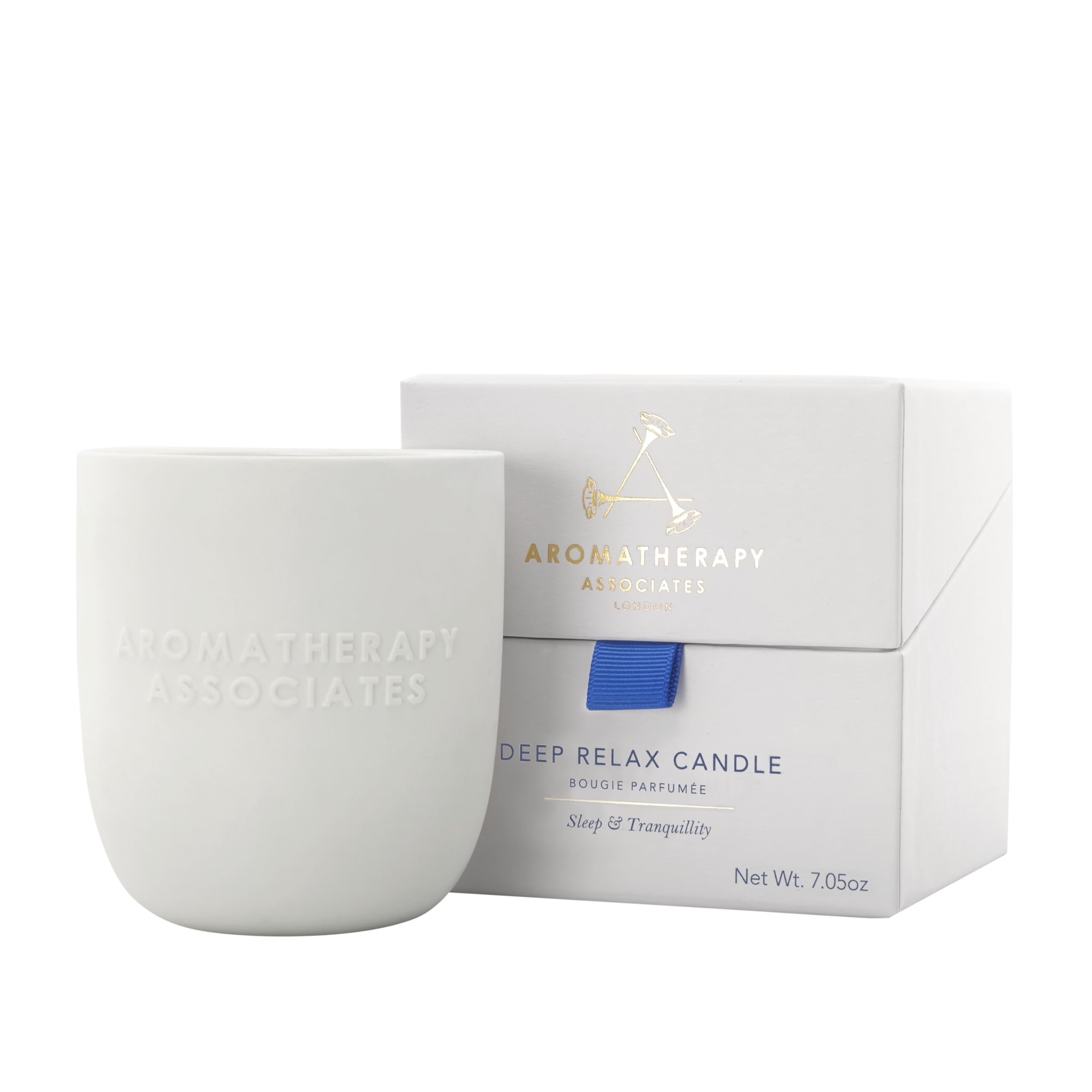 Aromatherapy Associates Deep Relax Candle packaging highlights vegan wax and luxury craftsmanship.