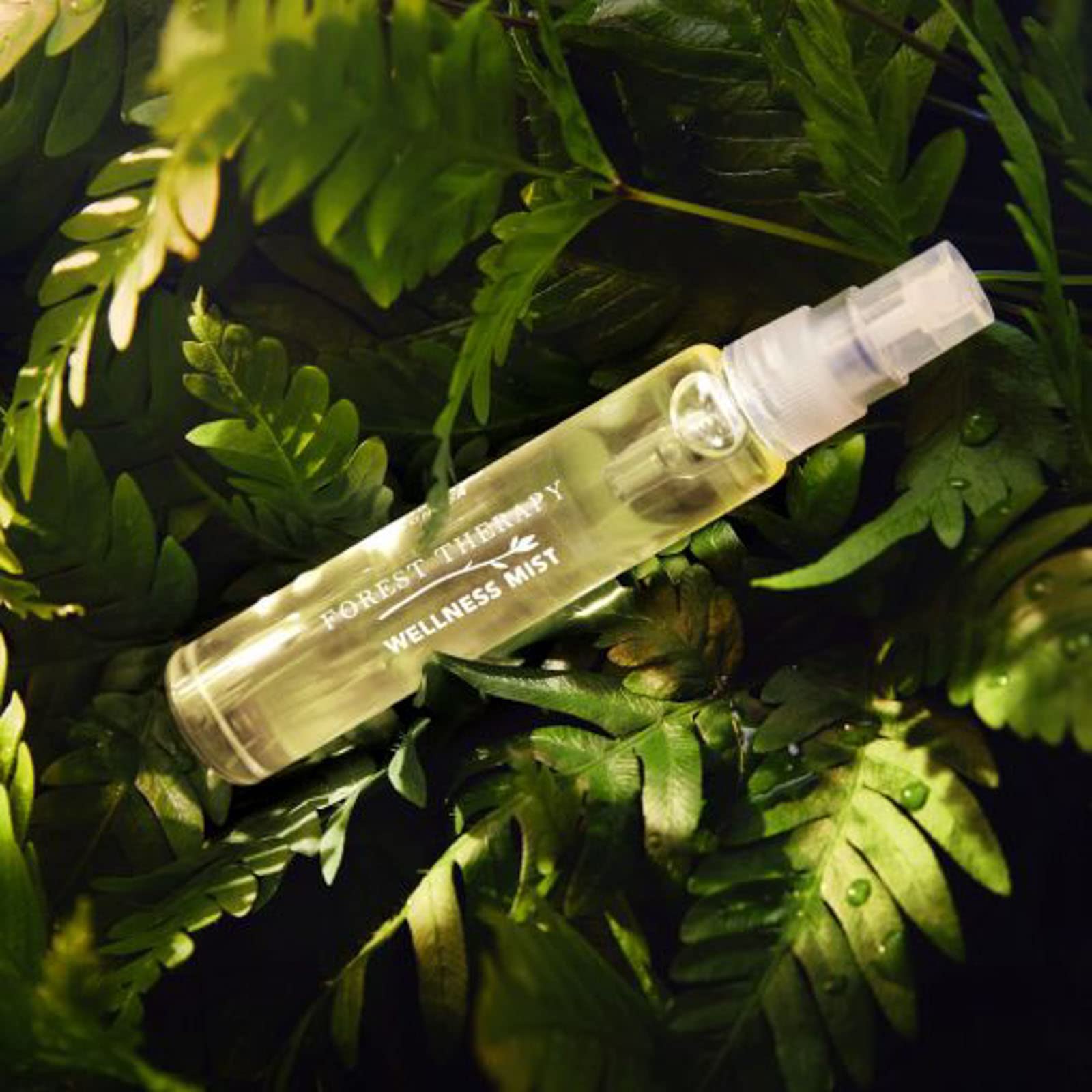Close-up of Forest Therapy Wellness Mist bottle showing essential oil blend