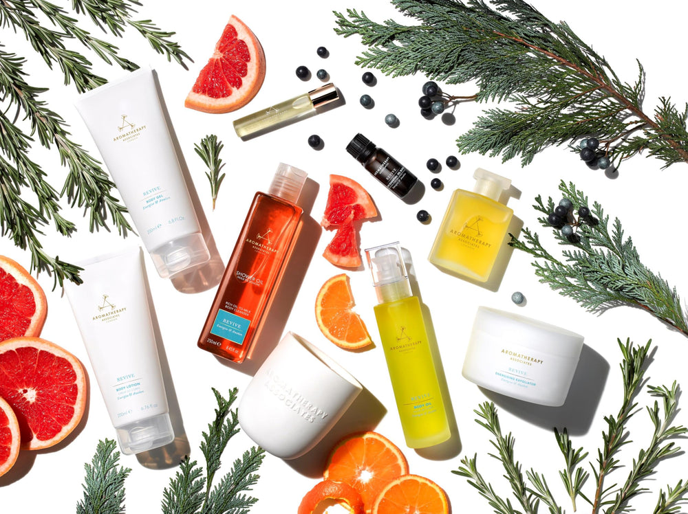 Aromatherapy Associates Revive bottle highlights grapefruit for a bright mood lift.