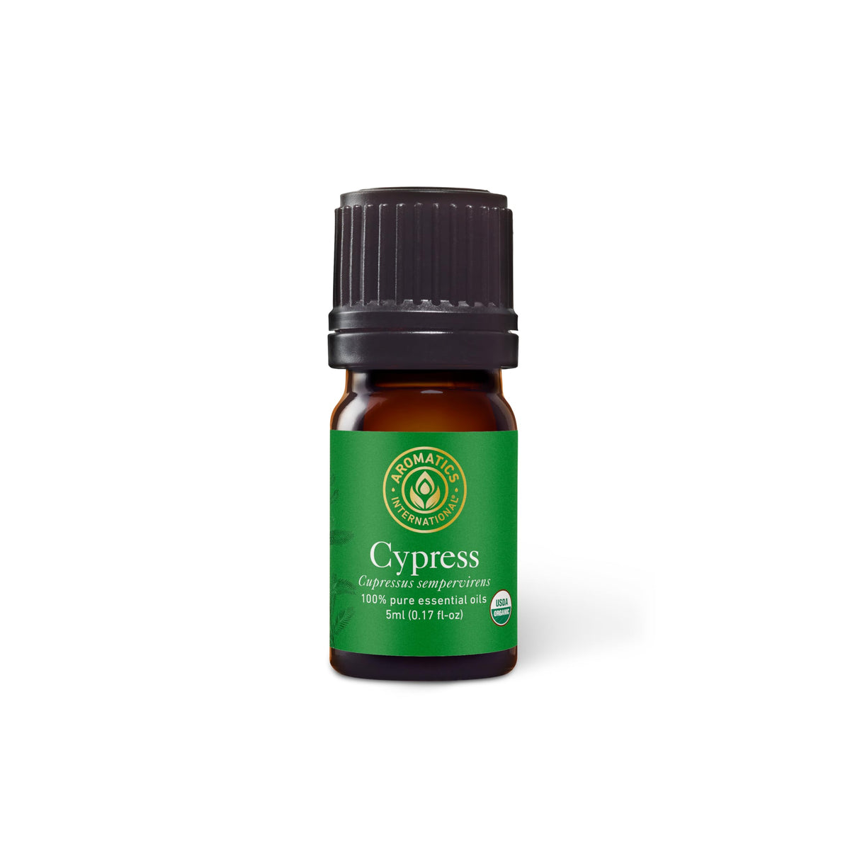 Aromatics International Cypress oil bottle pour for diffusion and a calming ambiance.
