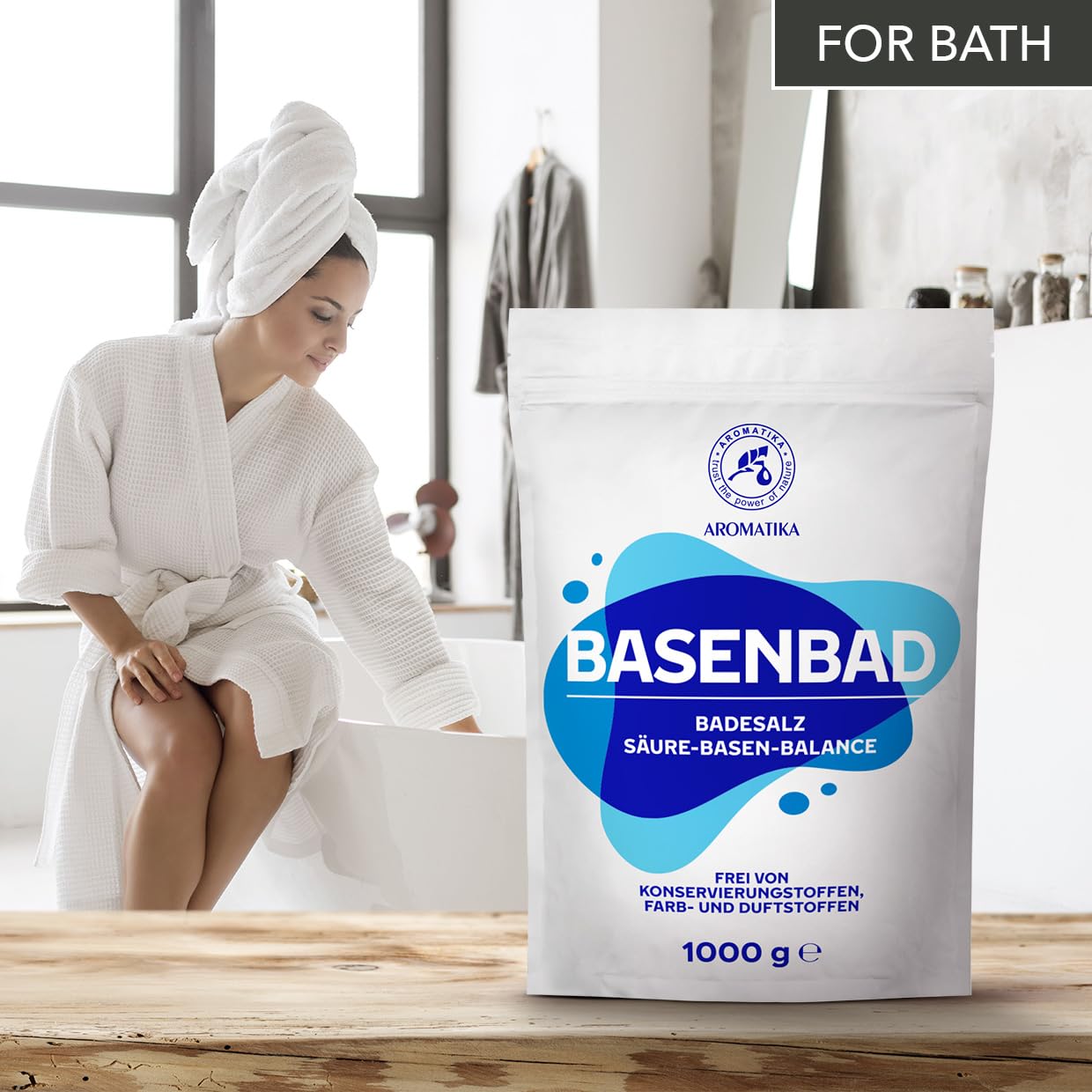 AROMATIKA Alkaline Bath steam suggesting mood uplift during a soak.