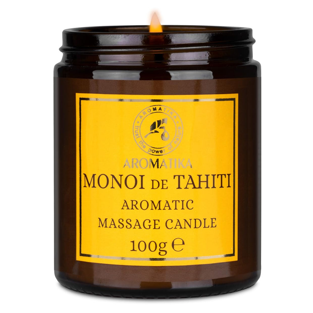 AROMATIKA Monoi Tahiti candle melts into silky oil for skin nourishment.