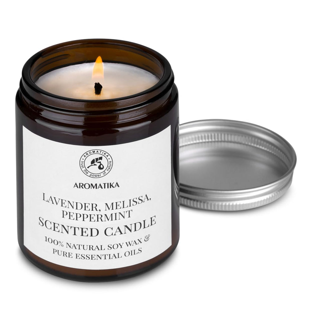 AROMATIKA lemon balm scented candle in glass jar for fresh rooms.