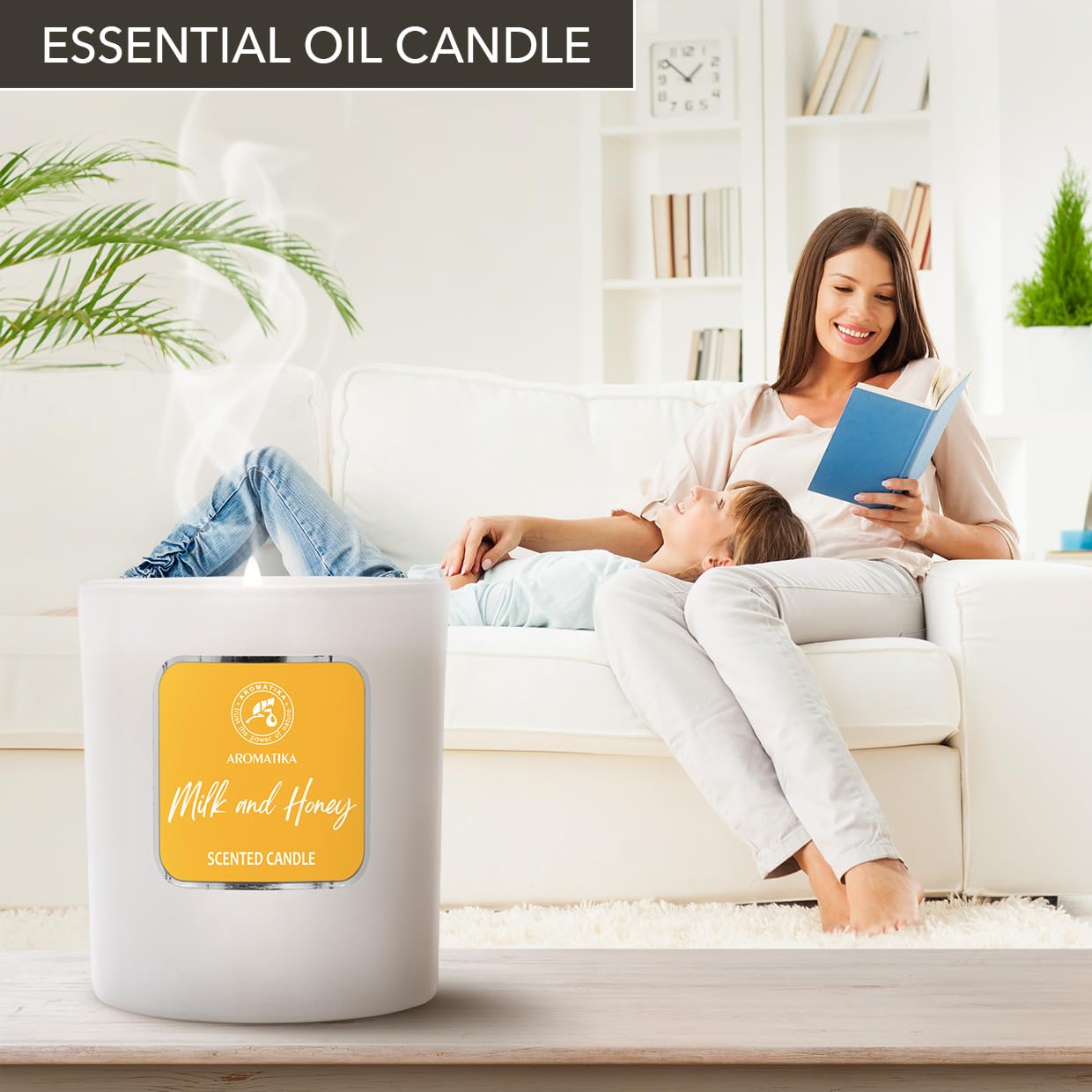 Spa-like bathroom scene with Aromatika Milk & Honey candle.