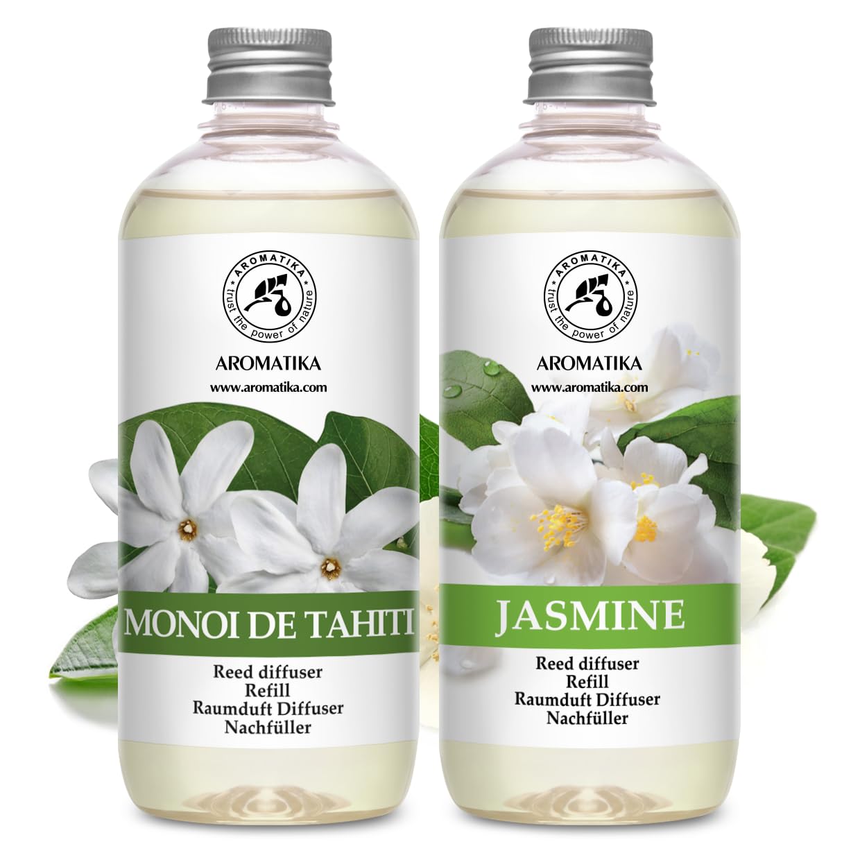 AROMATIKA Monoi Tahiti Jasmine refill bottle shown for home fragrance.