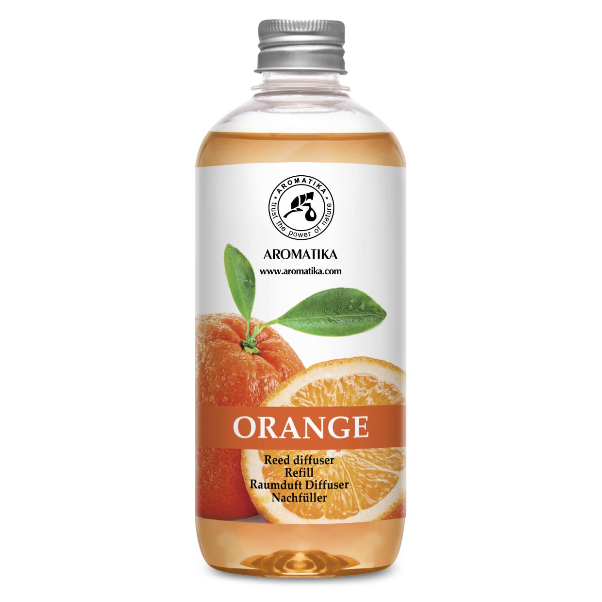 AROMATIKA orange diffuser refill closeup showing natural orange oil for fresh air vibes