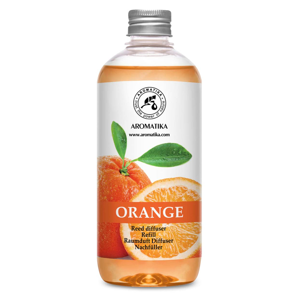 AROMATIKA orange diffuser refill closeup showing natural orange oil for fresh air vibes