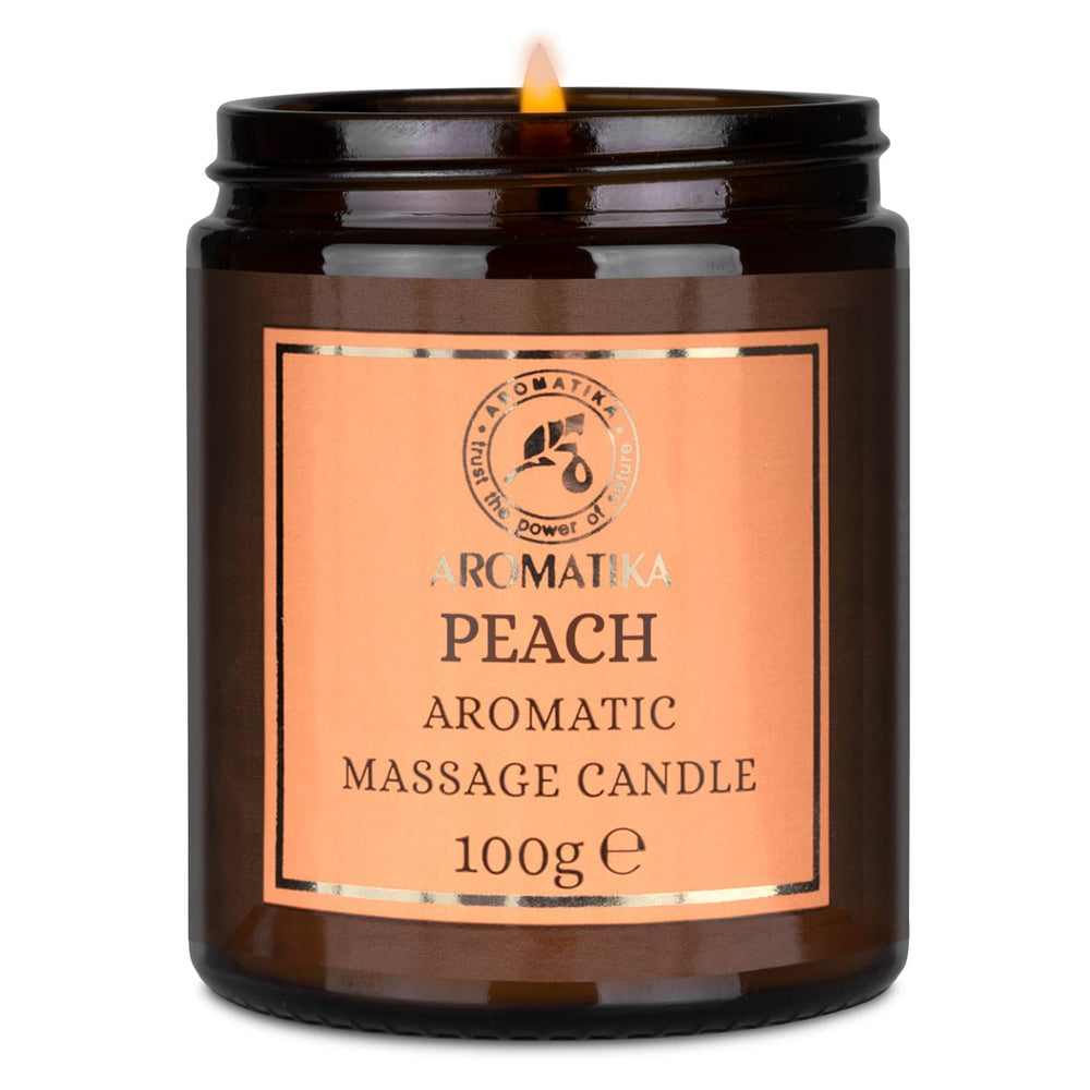 AROMATIKA Peach massage candle melt provides warm wax for soothing massage and nourishment.