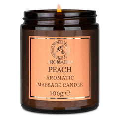 AROMATIKA Peach massage candle melt provides warm wax for soothing massage and nourishment.