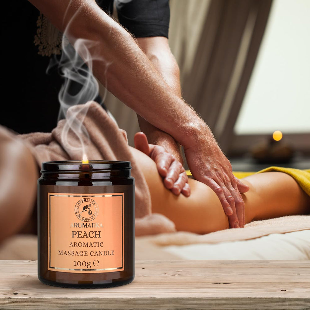 AROMATIKA Peach massage candle relaxation ritual for unwind and mood uplift.