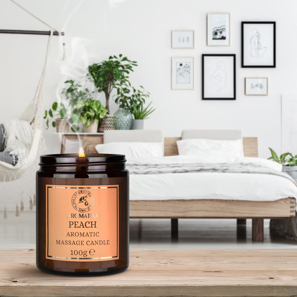 AROMATIKA Peach massage candle soft skin after use with nourishing oils.