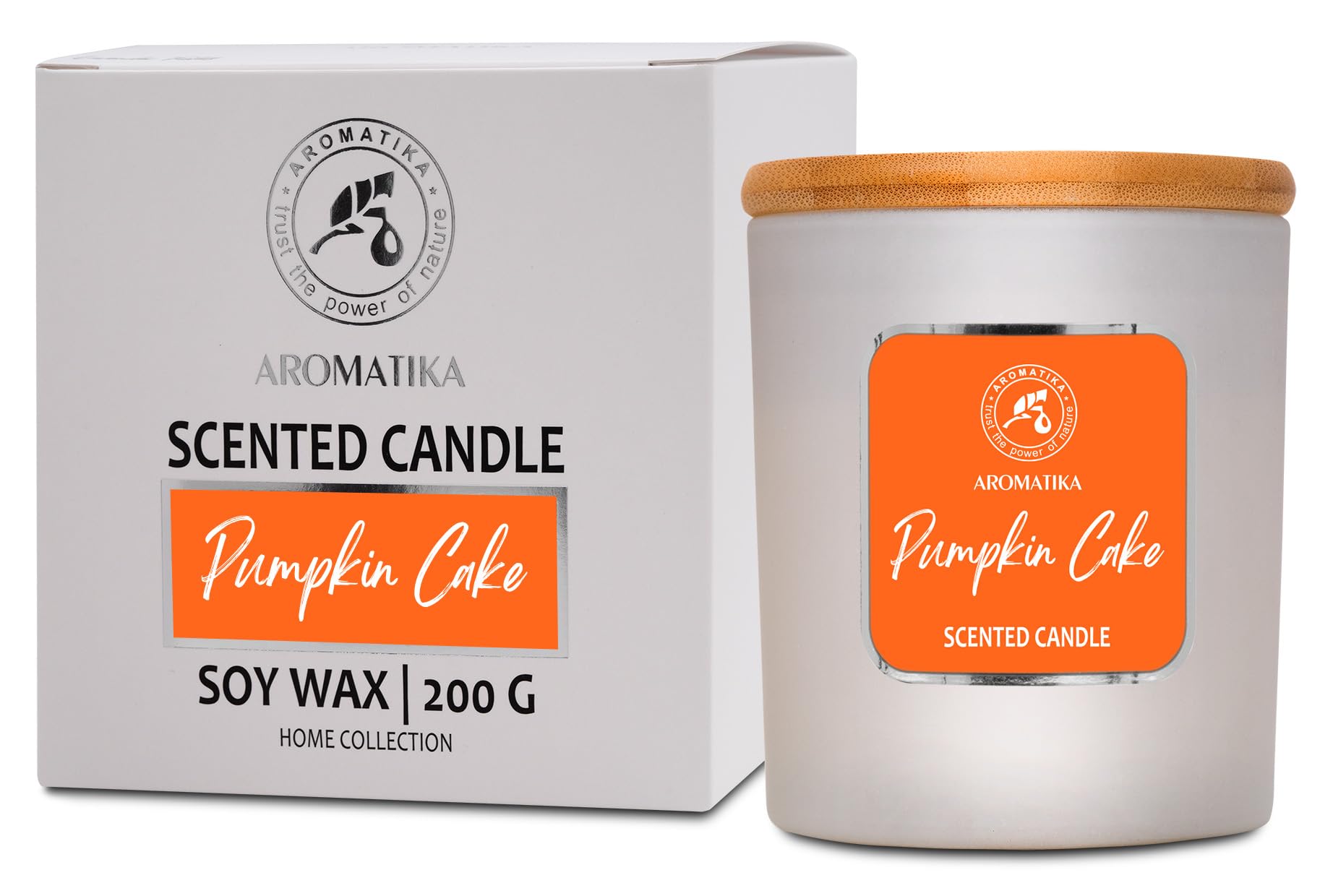 AROMATIKA Pumpkin Cake scented candle in glass jar for a cozy autumn ambiance.