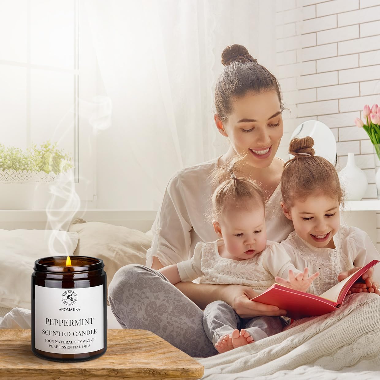 AROMATIKA peppermint candle burn time graphic, up to 45 hours.