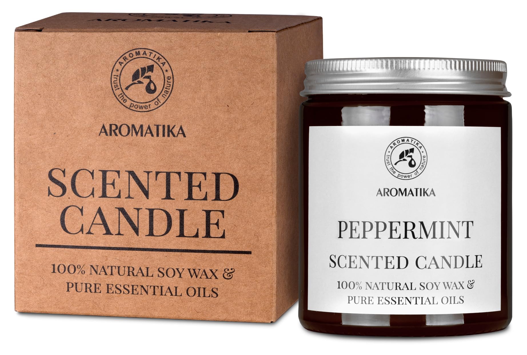 AROMATIKA peppermint candle jar closeup, ideal for gifting appeal.