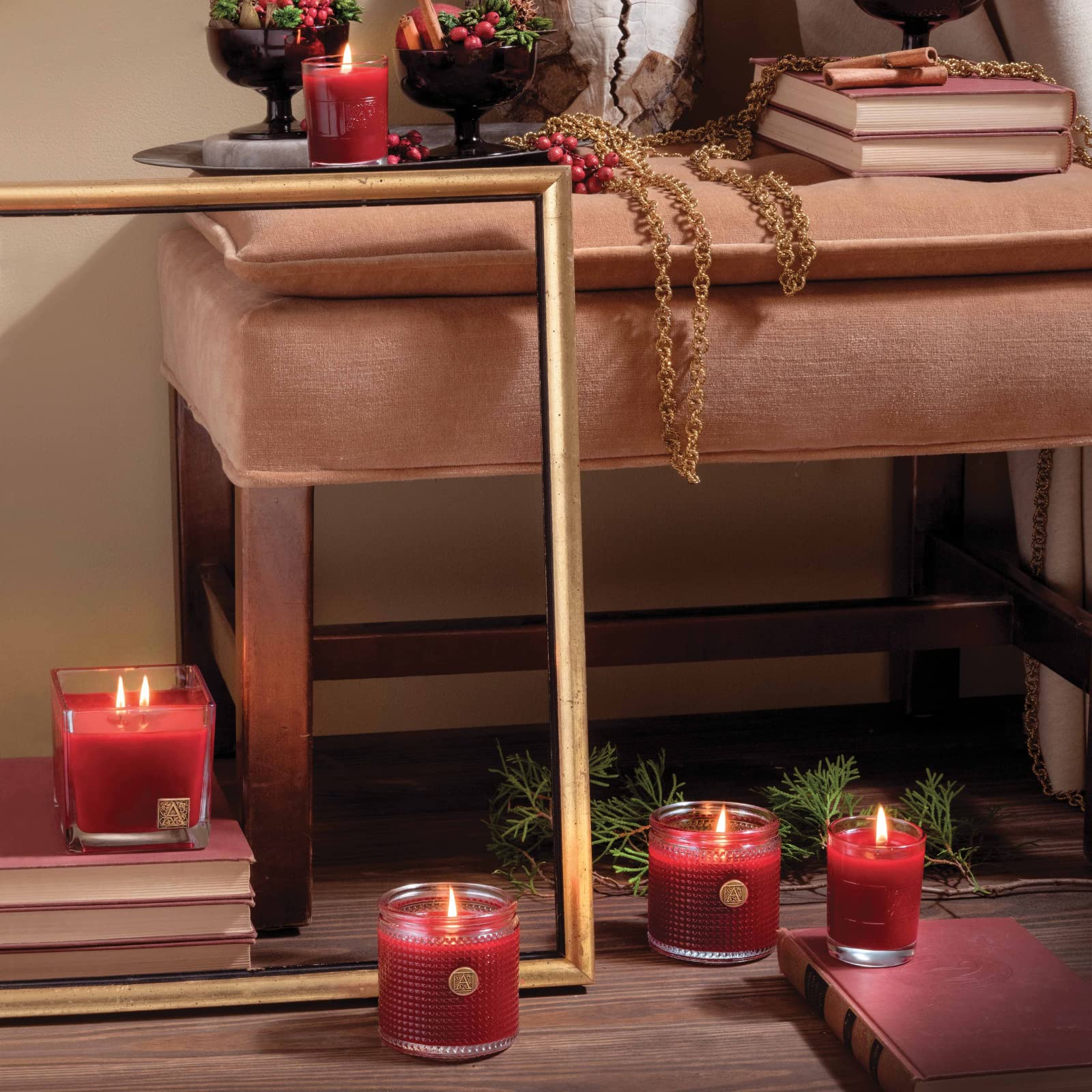 Aromatique candle label detail shows branding and festive styling for gifting.